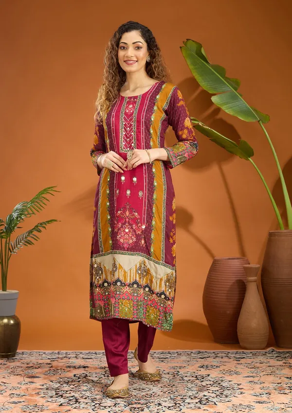 Wine_Mirrorwork_Tissue_Readymade_Salwar_Suit