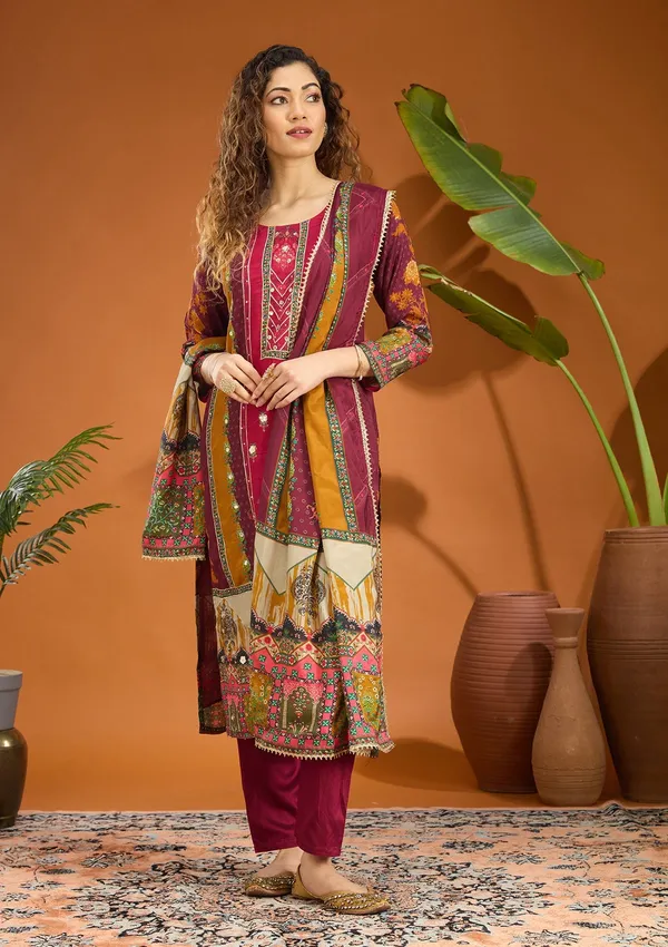 Wine_Mirrorwork_Tissue_Readymade_Salwar_Suit