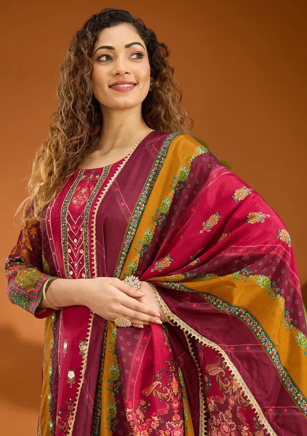 Wine_Mirrorwork_Tissue_Readymade_Salwar_Suit