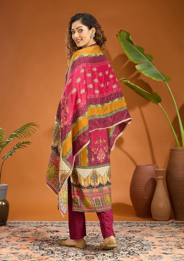 Wine_Mirrorwork_Tissue_Readymade_Salwar_Suit