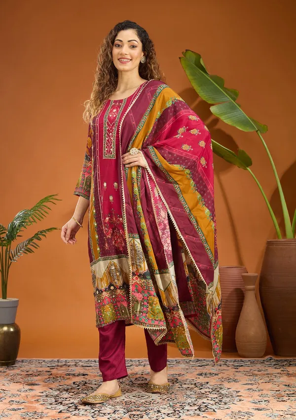 Wine_Mirrorwork_Tissue_Readymade_Salwar_Suit