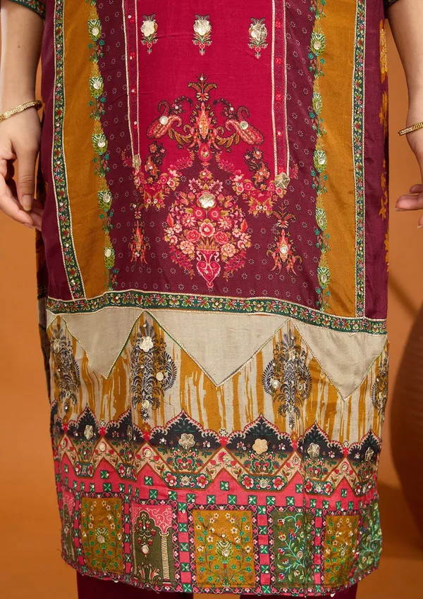 Wine_Mirrorwork_Tissue_Readymade_Salwar_Suit