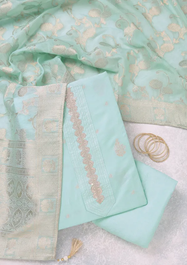 Sea_Green_Zariwork_Gold_Chanderi_Unstitched_Salwar_Suit