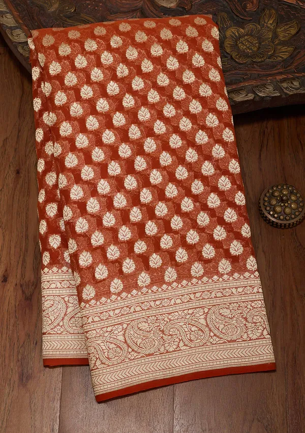 Rust_Zariwork_Georgette_Silk_Saree