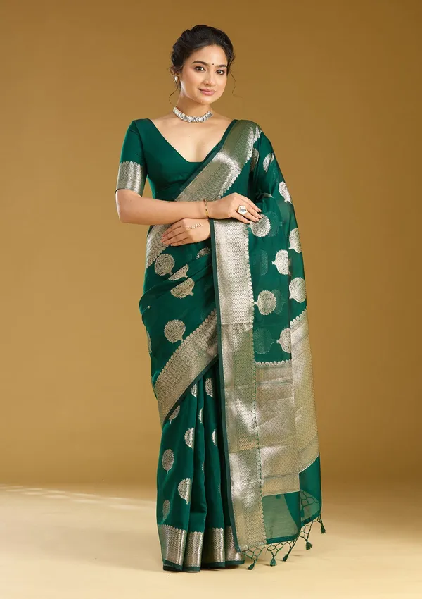 Bottle_Green_Zariwork_Gold_Art_Silk_Silk_Saree