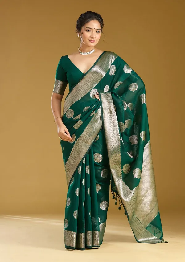 Bottle_Green_Zariwork_Gold_Art_Silk_Silk_Saree