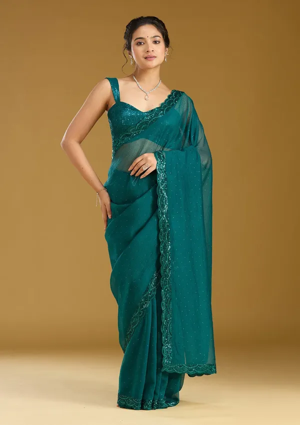 Teal_Green_Sequins_Chiffon_Saree