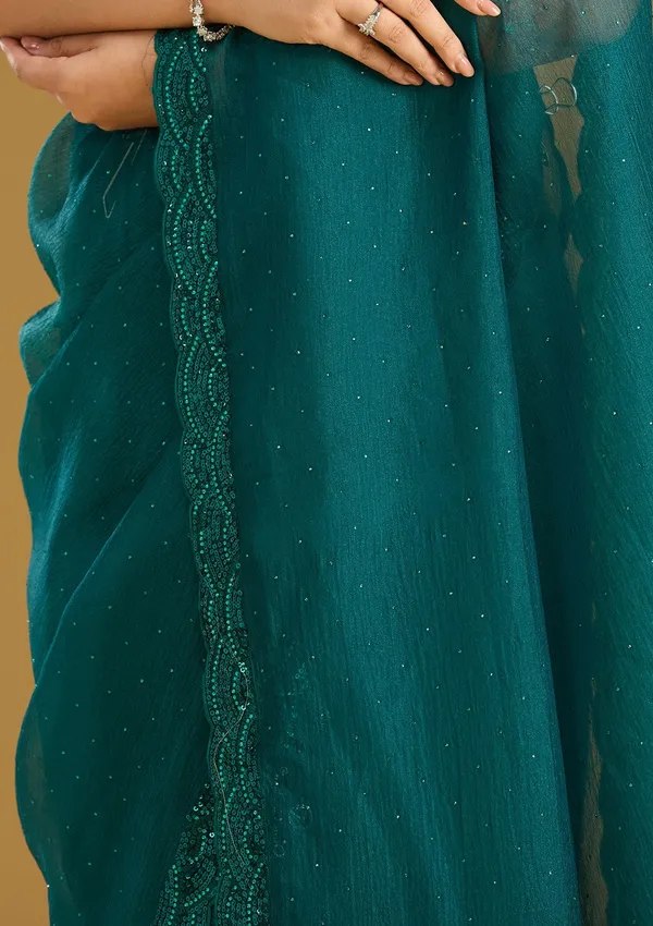 Teal_Green_Sequins_Chiffon_Saree