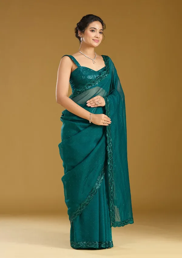 Teal_Green_Sequins_Chiffon_Saree