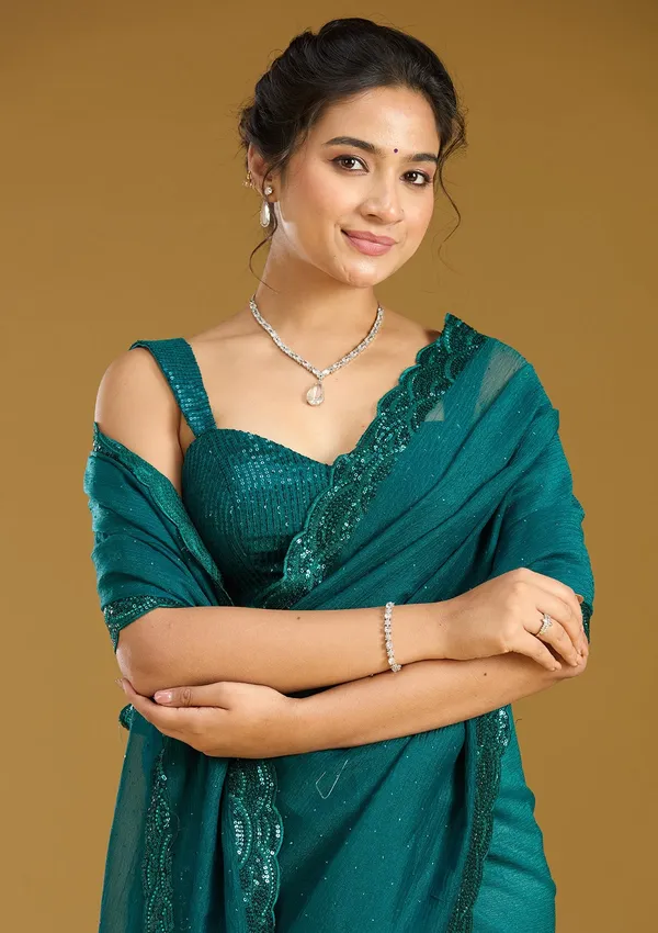 Teal_Green_Sequins_Chiffon_Saree