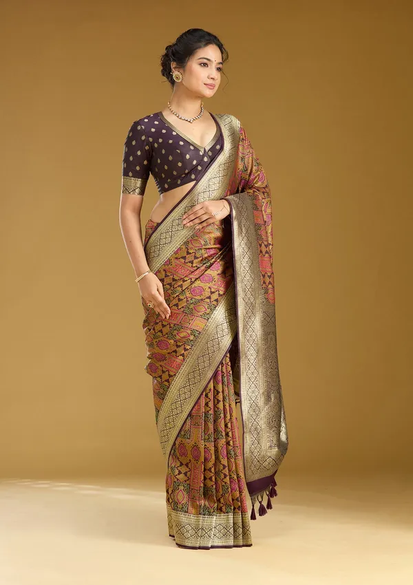 Wine_Zariwork_Gold_Art_Silk_Silk_Saree