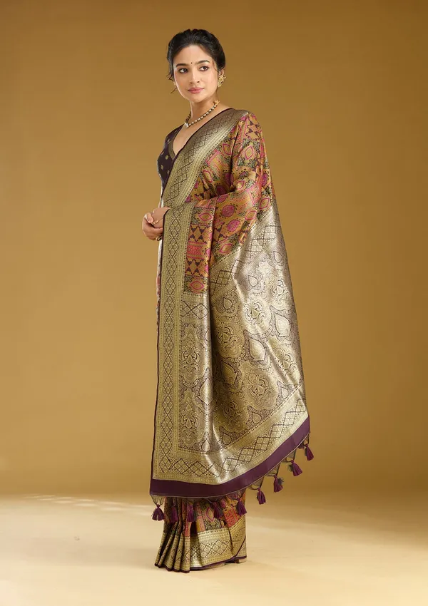 Wine_Zariwork_Gold_Art_Silk_Silk_Saree