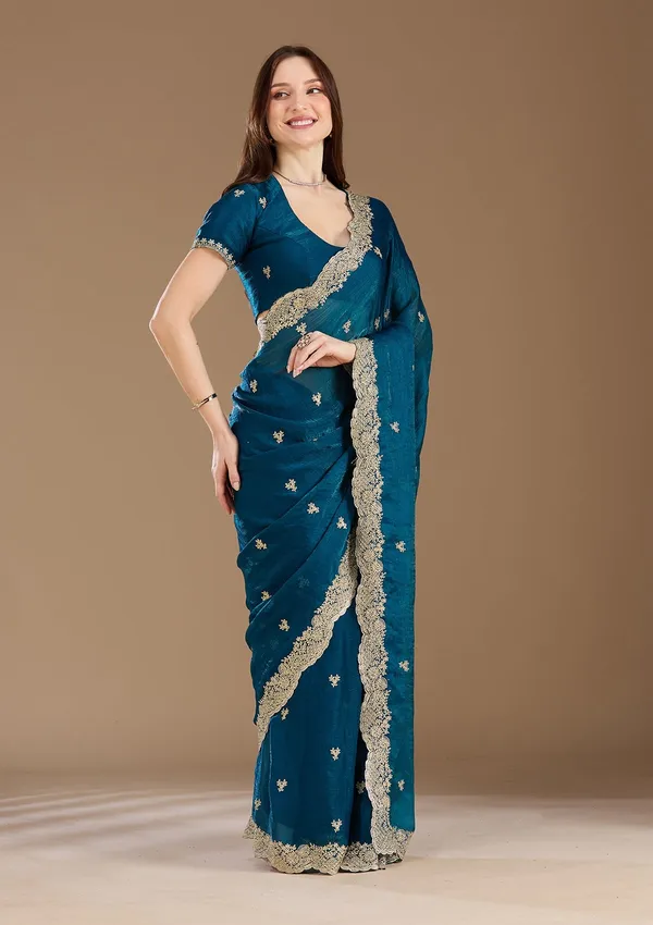 Peacock_Blue_Zariwork_Gold_Tissue_Saree