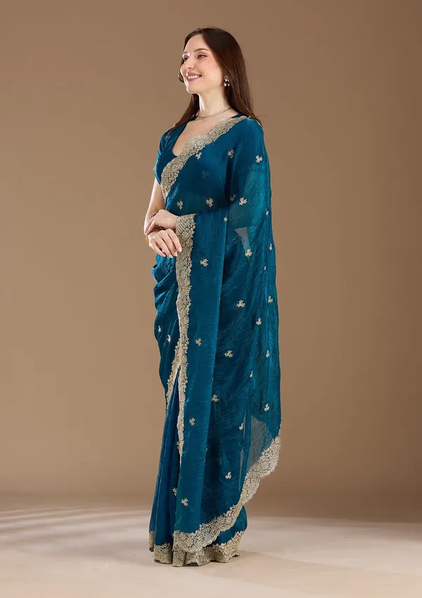 Peacock_Blue_Zariwork_Gold_Tissue_Saree