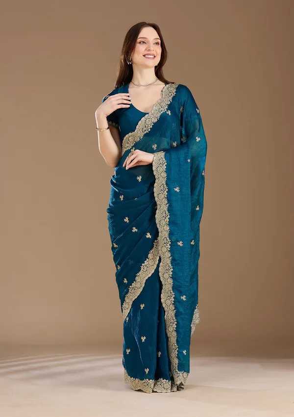 Peacock_Blue_Zariwork_Gold_Tissue_Saree