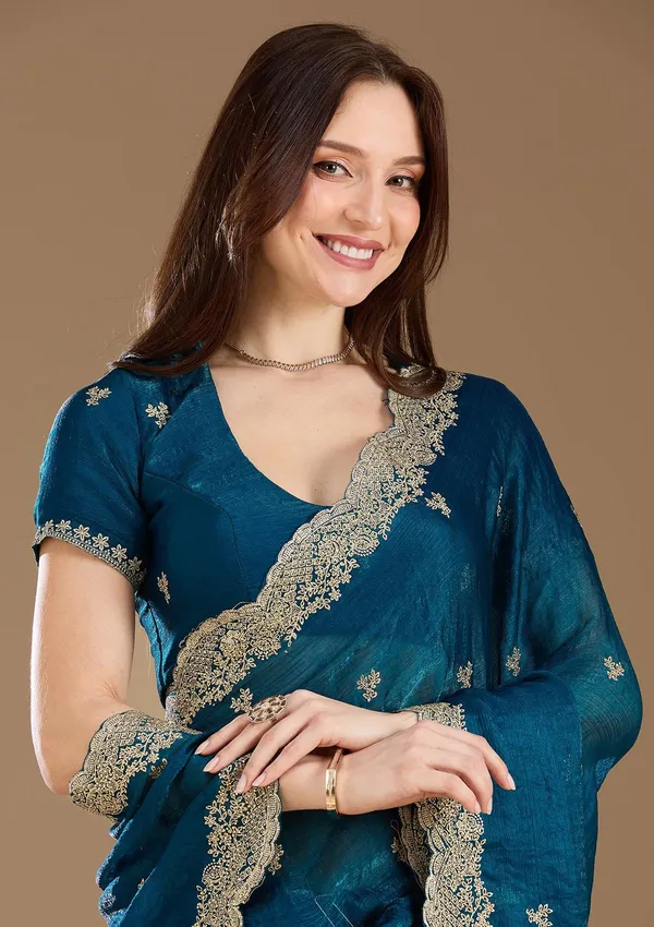 Peacock_Blue_Zariwork_Gold_Tissue_Saree