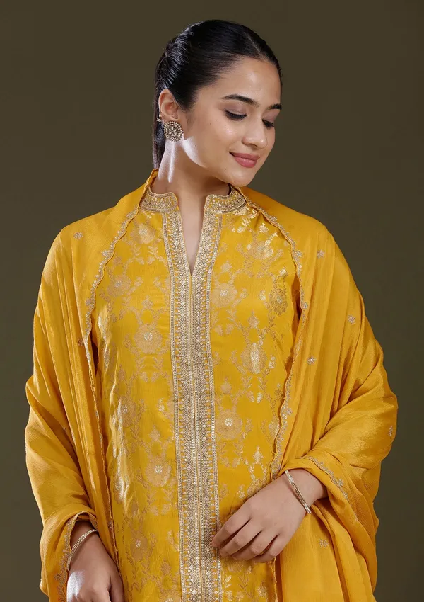 Yellow_Zariwork_Gold_Chinon_Readymade_Salwar_Suit