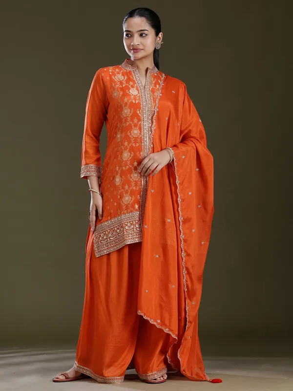 Orange_Zariwork_Gold_Chinon_Readymade_Salwar_Suit