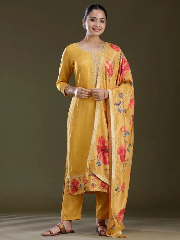 Yellow_Threadwork_Soft_Raw_Silk_Readymade_Salwar_Suit
