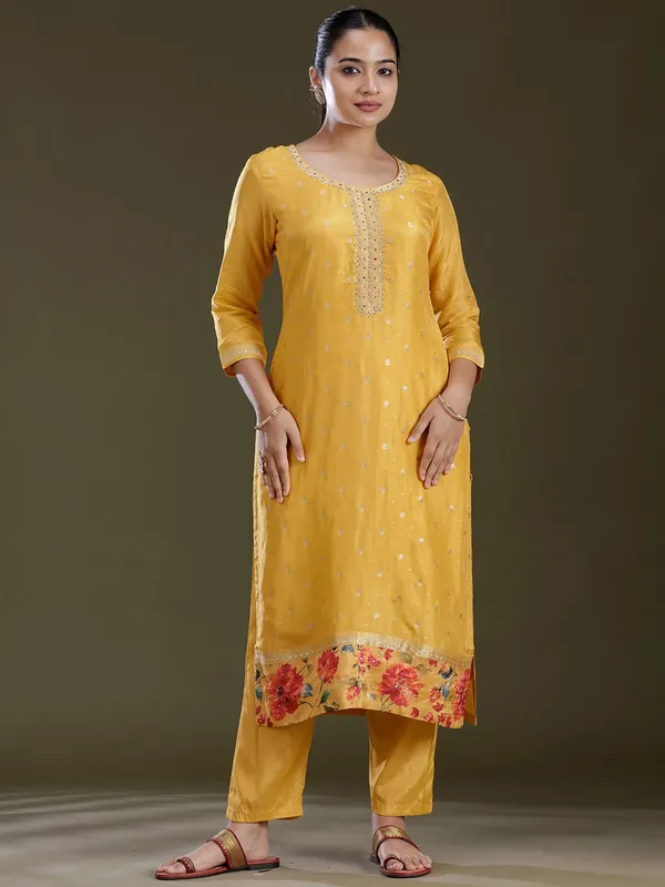 Yellow_Threadwork_Soft_Raw_Silk_Readymade_Salwar_Suit