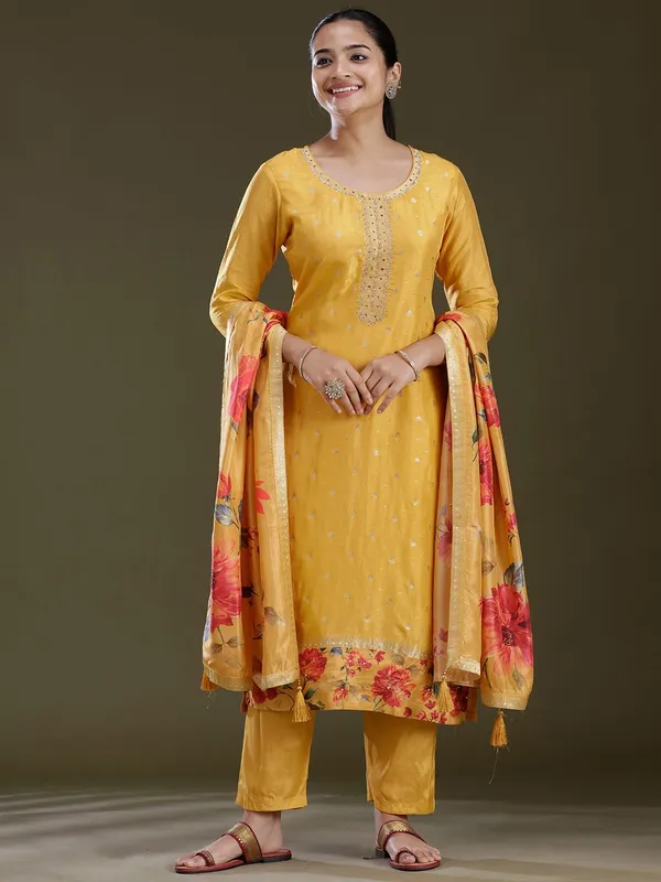 Yellow_Threadwork_Soft_Raw_Silk_Readymade_Salwar_Suit