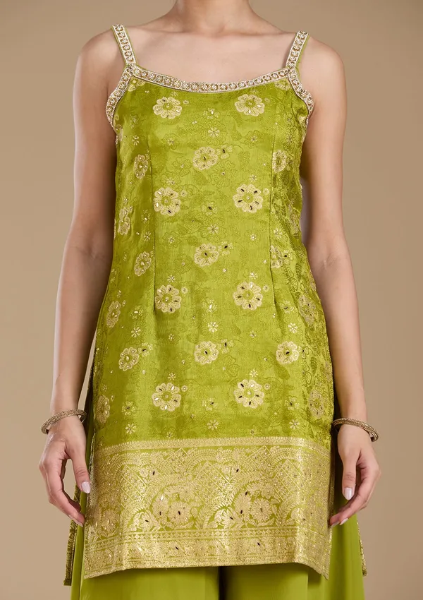 Parrot_Green_Cutdana_Brocade_Readymade_Salwar_Suit