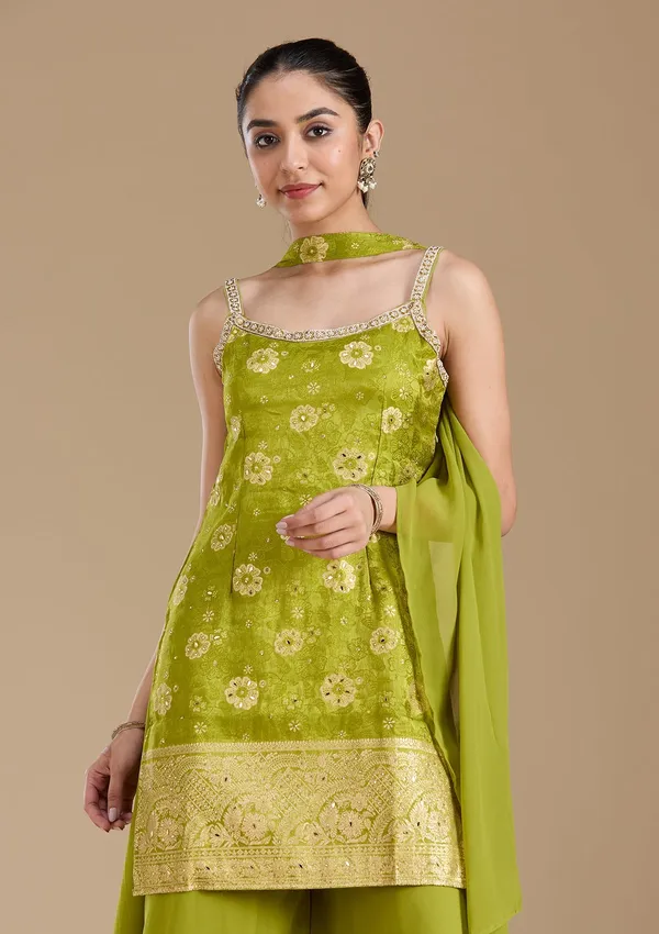 Parrot_Green_Cutdana_Brocade_Readymade_Salwar_Suit
