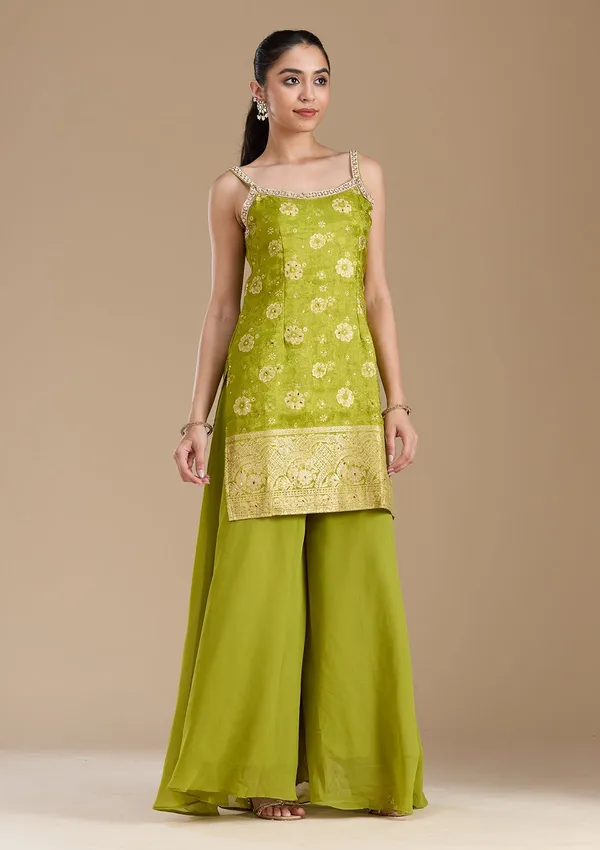 Parrot_Green_Cutdana_Brocade_Readymade_Salwar_Suit