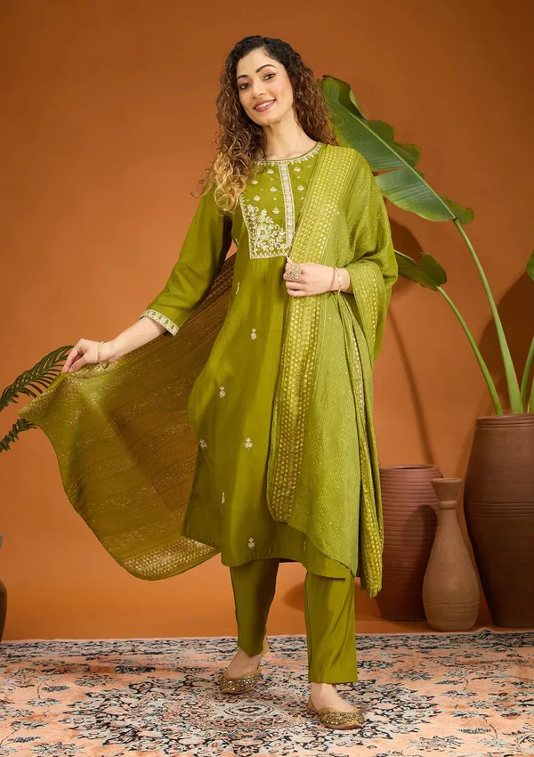 Mehandi_Green_Cutdana_Chanderi_Readymade_Salwar_Suit
