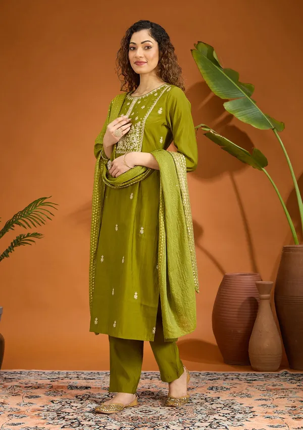 Mehandi_Green_Cutdana_Chanderi_Readymade_Salwar_Suit
