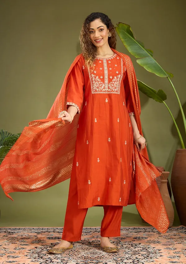 Rust_Cutdana_Chanderi_Readymade_Salwar_Suit