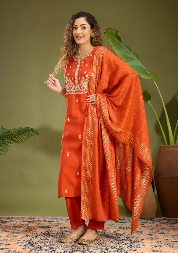 Rust_Cutdana_Chanderi_Readymade_Salwar_Suit