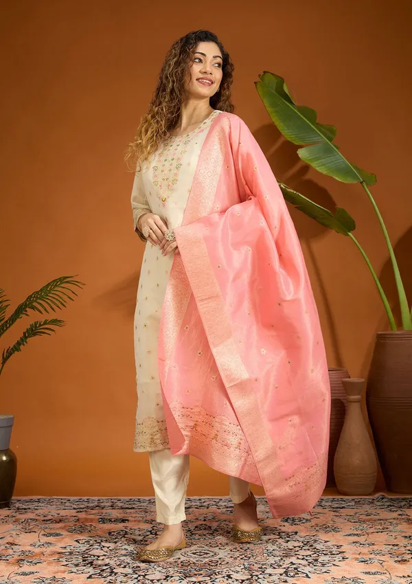 Beige_No_Work_Plain_Brocade_Readymade_Salwar_Suit