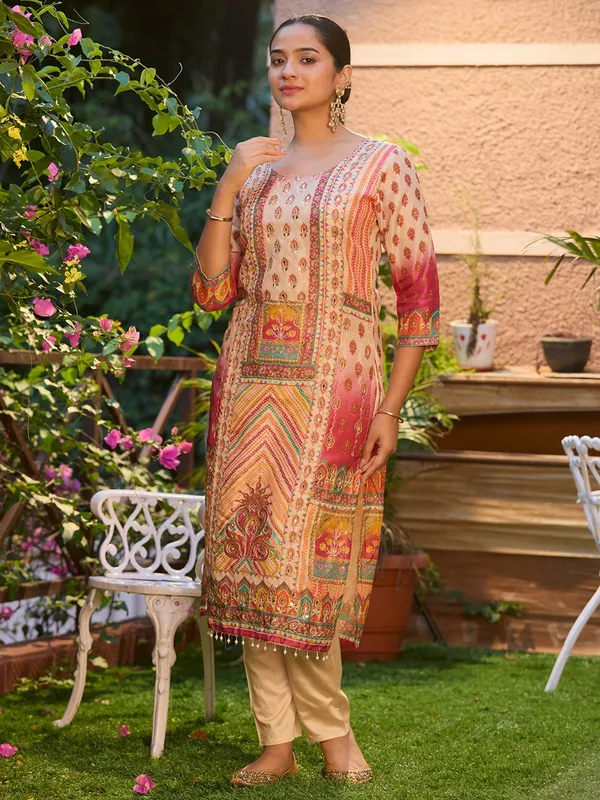 Beige_Mirrorwork_Tissue_Readymade_Salwar_Suit