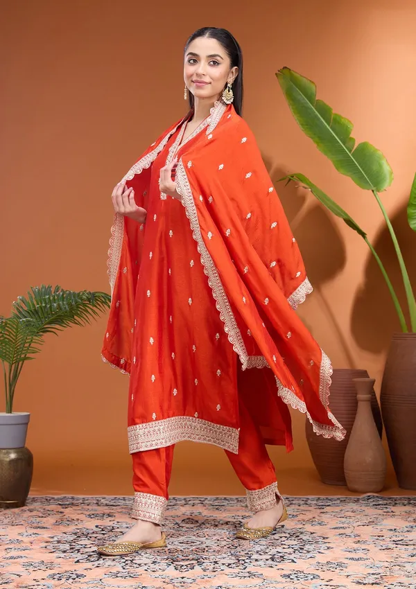 Rust_Zariwork_Gold_Soft_Raw_Silk_Readymade_Salwar_Suit