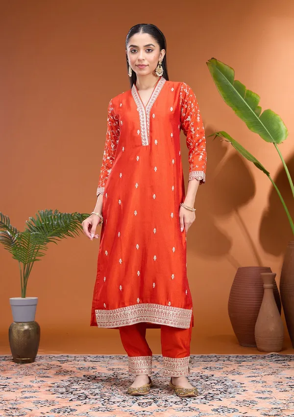 Rust_Zariwork_Gold_Soft_Raw_Silk_Readymade_Salwar_Suit