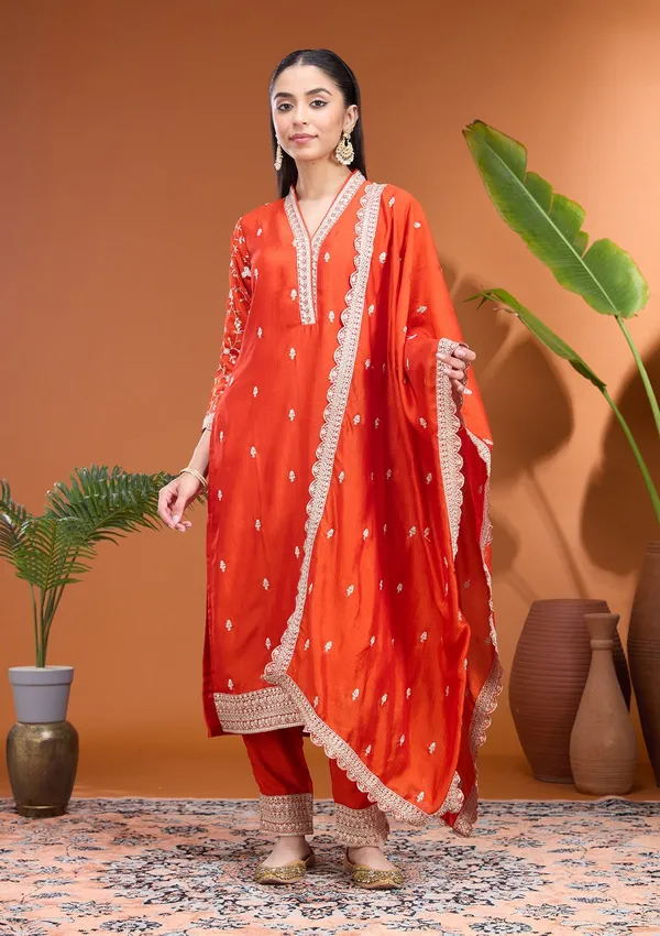 Rust_Zariwork_Gold_Soft_Raw_Silk_Readymade_Salwar_Suit