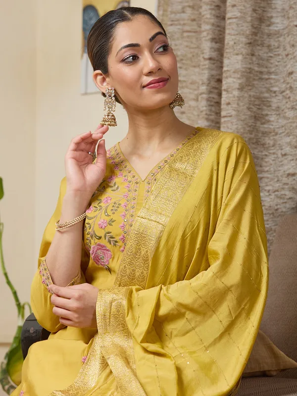 Mustard_Yellow_Threadwork_Soft_Raw_Silk_Readymade_Salwar_Suit
