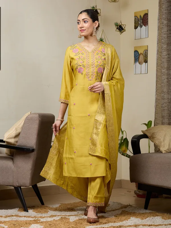 Mustard_Yellow_Threadwork_Soft_Raw_Silk_Readymade_Salwar_Suit