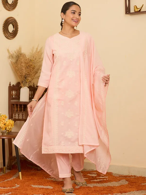 Peach_Threadwork_Chanderi_Readymade_Salwar_Suit