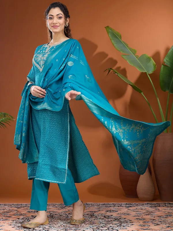 Turquoise_Blue_Cording_Chanderi_Readymade_Salwar_Suit