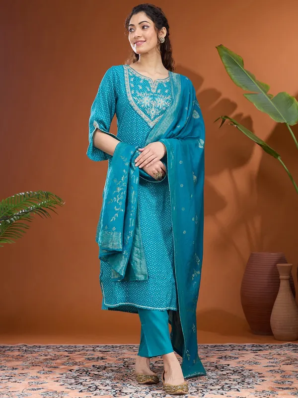 Turquoise_Blue_Cording_Chanderi_Readymade_Salwar_Suit