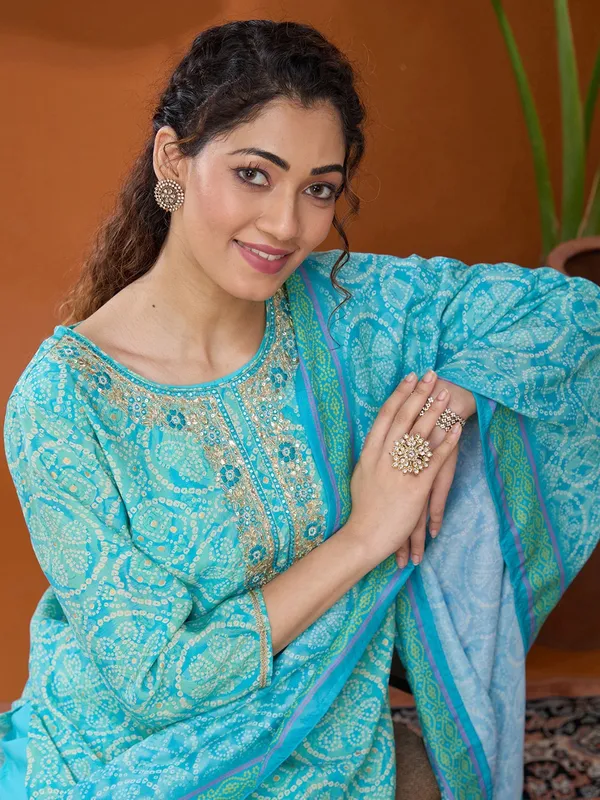 Turquoise_Blue_Threadwork_Chanderi_Readymade_Salwar_Suit