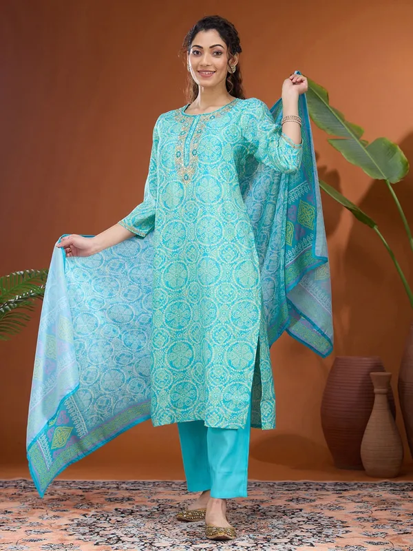 Turquoise_Blue_Threadwork_Chanderi_Readymade_Salwar_Suit
