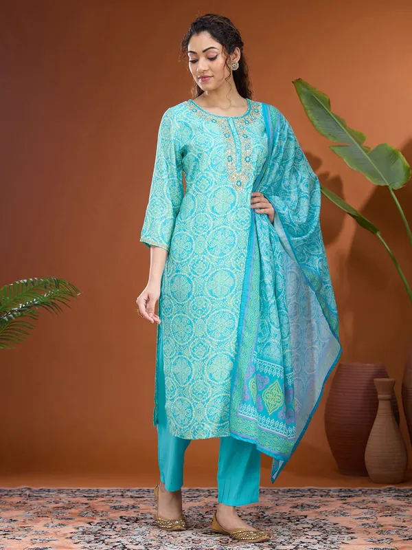 Turquoise_Blue_Threadwork_Chanderi_Readymade_Salwar_Suit