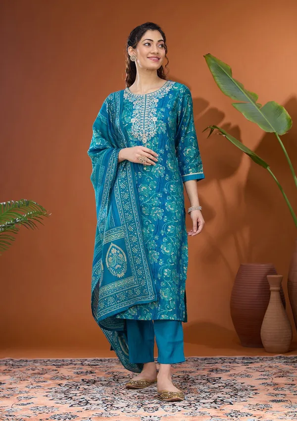 Blue_Threadwork_Chanderi_Readymade_Salwar_Suit