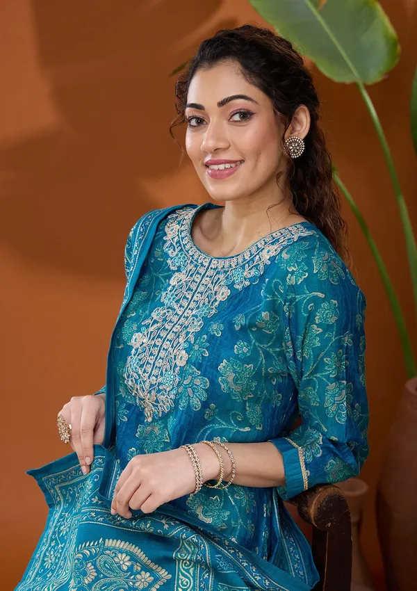 Blue_Threadwork_Chanderi_Readymade_Salwar_Suit