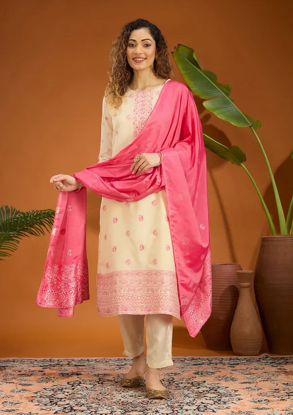 Beige_Plain_Brocade_Readymade_Salwar_Suit