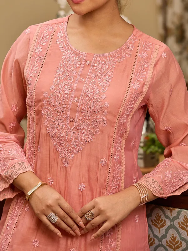 Peach_Threadwork_Chanderi_Readymade_Salwar_Suit