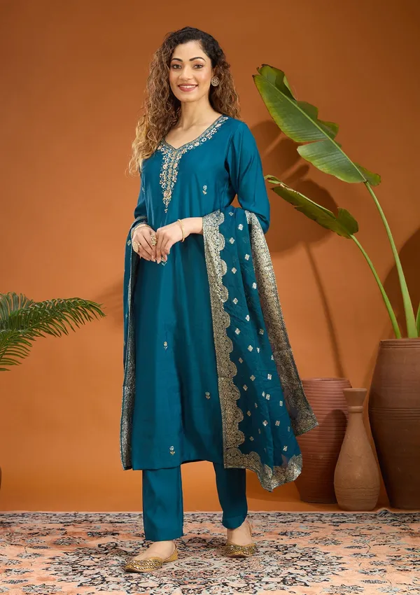 Peacock_Blue_Threadwork_Chanderi_Readymade_Salwar_Suit